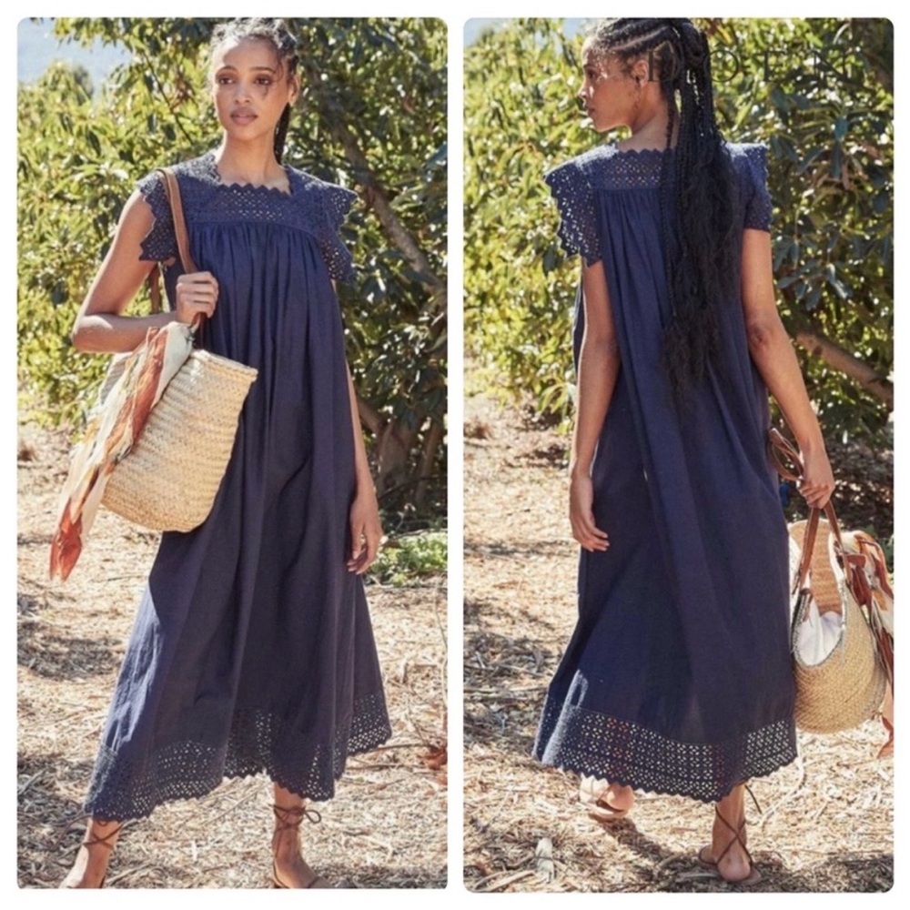 Doen Catriona Dress Maxi Navy Blue Eyelet Size XS